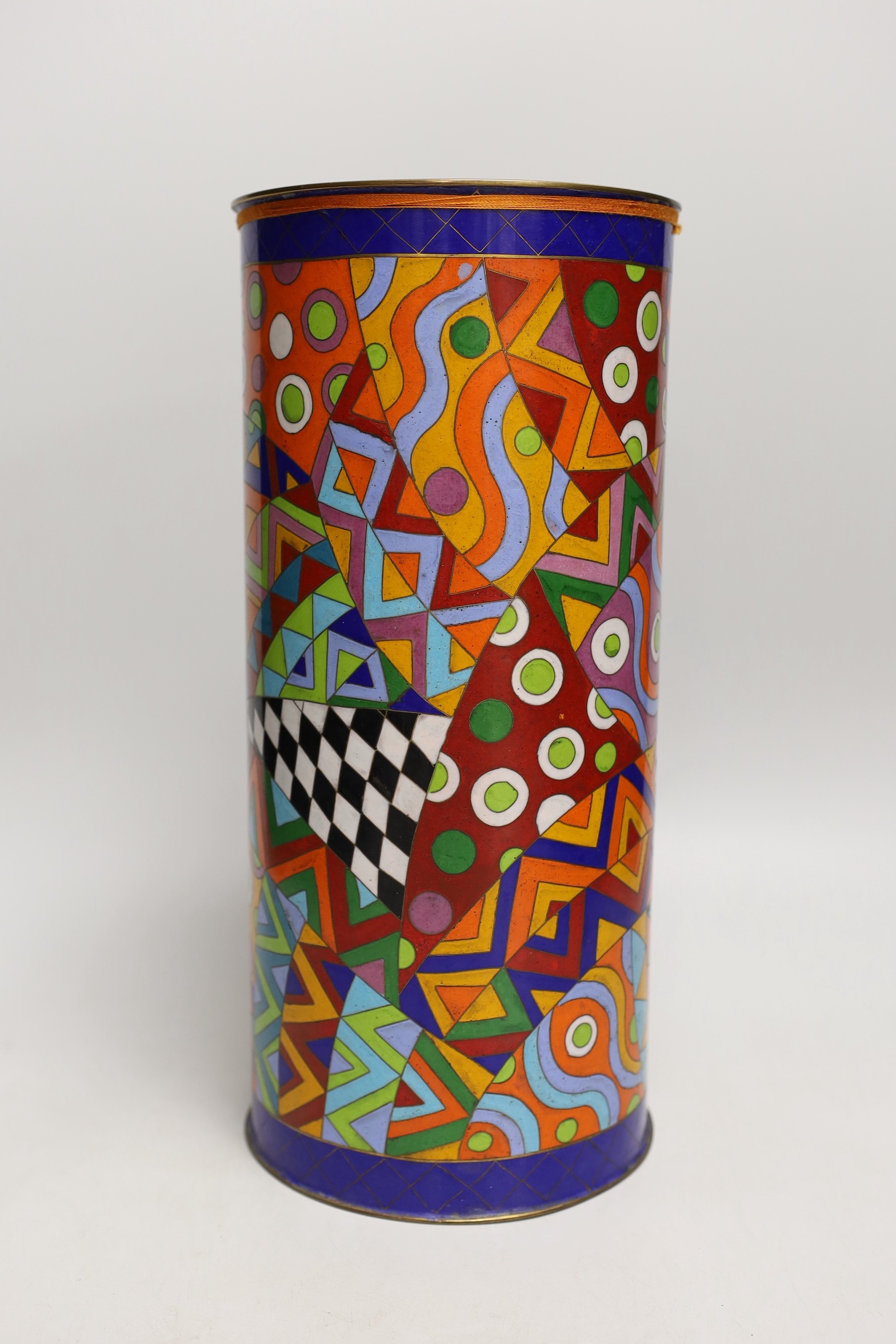 An unusual Art Deco style cloisonné enamel sleeve vase, with signature to base, 34.5cms high